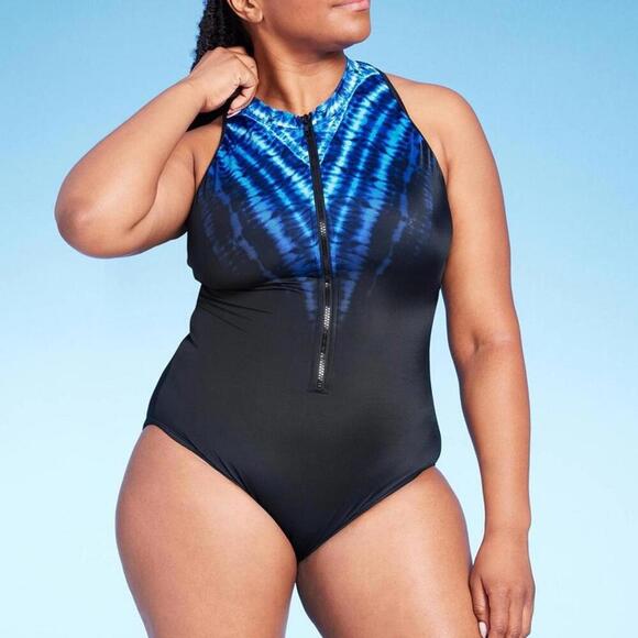 High Neck Zip-Front One Piece Swimsuit | Aqua Green | Large - Picture 9 of 9